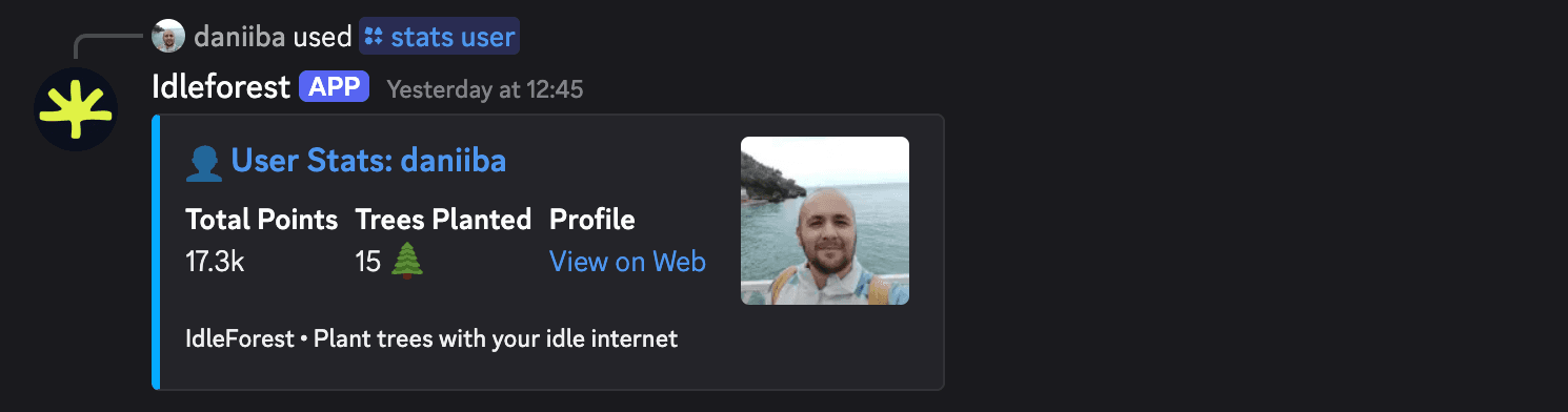 The IdleForest bot showing a member's stats with the stats user command